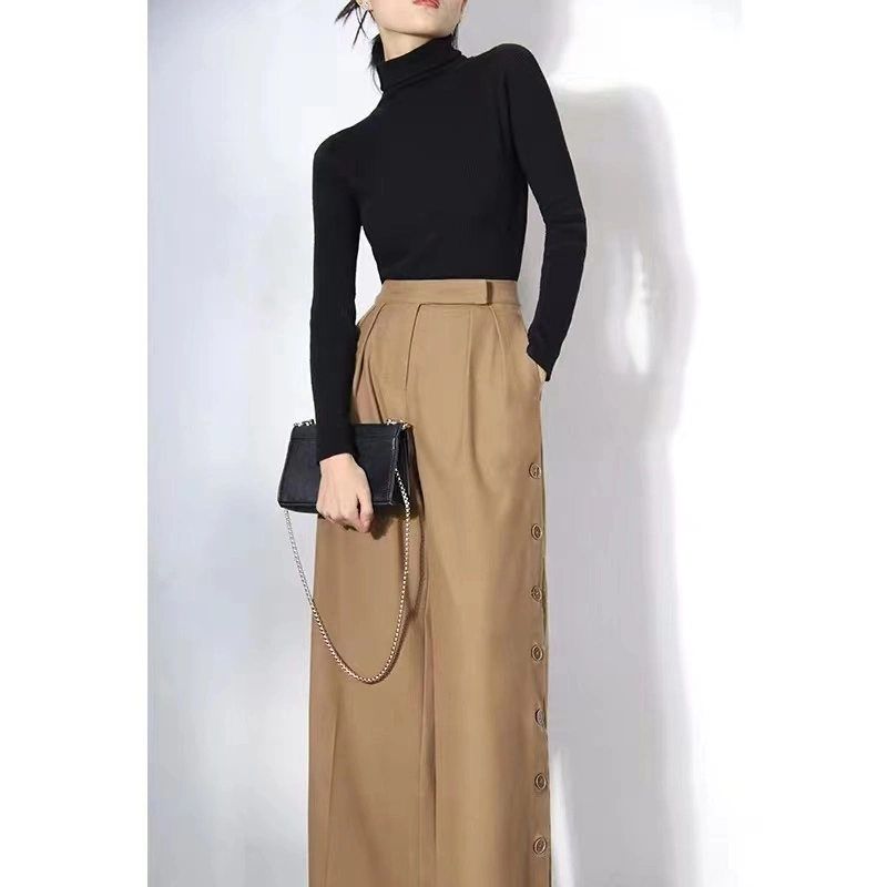 Ladies Elegant High-Waist Loose Wide-Legging Suit Pant with Side Closed by Button