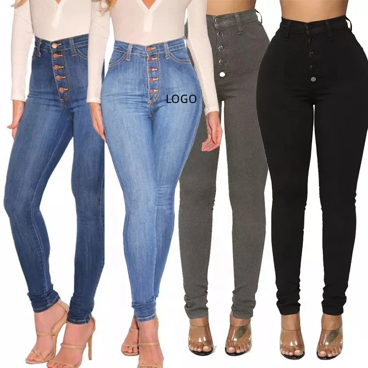 Wholesale Lady Fashion Button Fly Denim Skinny Slim High Waisted Jeans