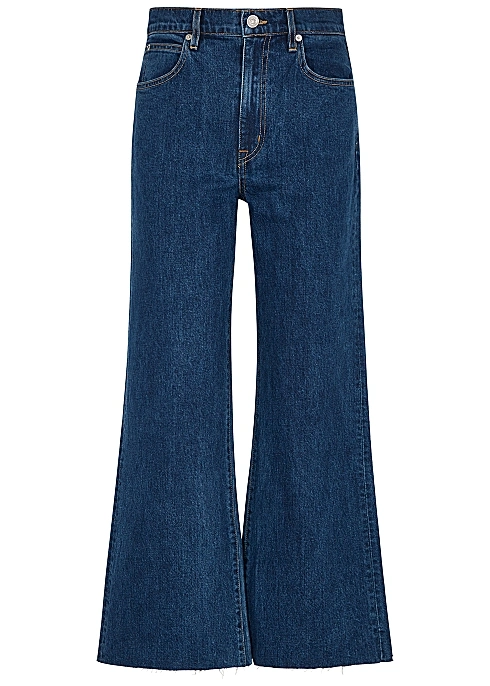 Wholesales Fashion Design Cropped Blue Wide-Leg Jeans Lady Bell Bottom Dark Blue Denim Jeans