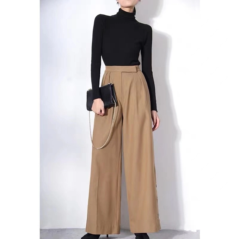 Ladies Elegant High-Waist Loose Wide-Legging Suit Pant with Side Closed by Button