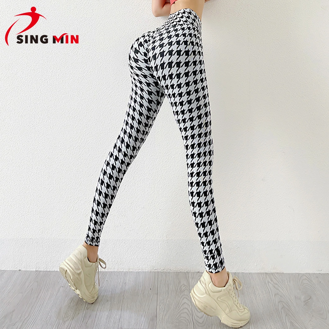 Wholesale High-Elastic Sports Leggings, Custom Sexy Cross Waist Sweat Wicking Yoga Pants for Girls Casual Plaid Leggings