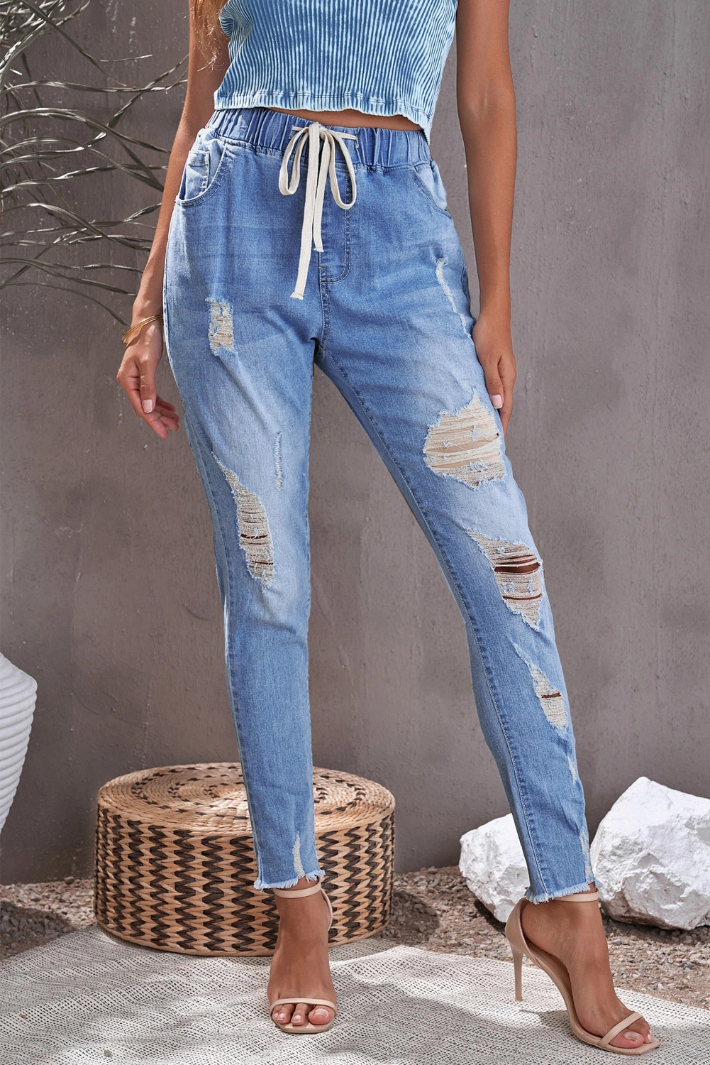 Dear-Lover Blank Apparel Wholesale Western Clothing New Blue Ripped Baggy Distressed Pants Trousers Ladies Torn Hole Stretch Women Denim Women′s Jeans