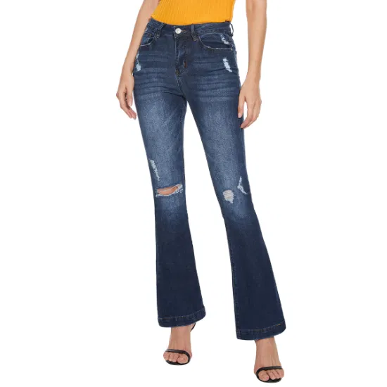 Jeans svasati da donna in denim elasticizzato a vita alta con buco distrutto personalizzato